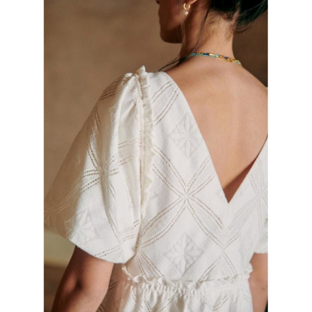 Sézane Livy Dress Parisian Ecru Off White Mix Woven Lace Short Puff Sleeve Mini - Picture 4 of 15